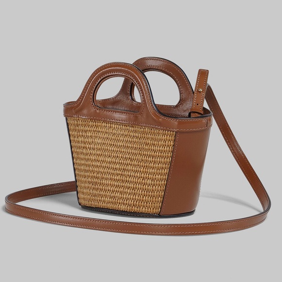 Marni Tropicalia Micro Bag in brown leather and raffia-effect fabric - Picture 6 of 9